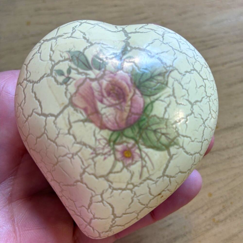 Vintage Italian Wooden Heart Trinket Box Crackle Glaze Hand Painted Rose Italy